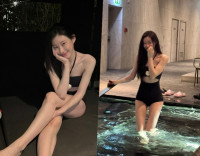 채령, 블랙 모노키니 입은 초슬렌더…방콕에서 밤 수영 앗 차가